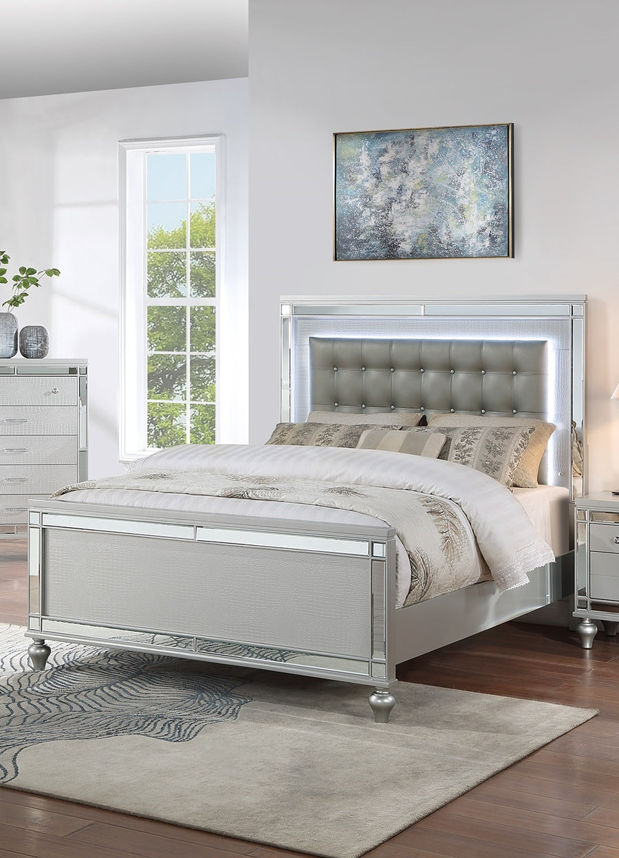 Tufted Faux Leather King Bed with LED Lights and Mirror Trim, Silver, view 6