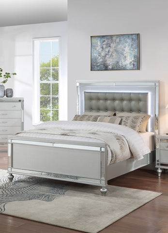 Tufted Faux Leather King Bed with LED Lights and Mirror Trim, Silver, view 6
