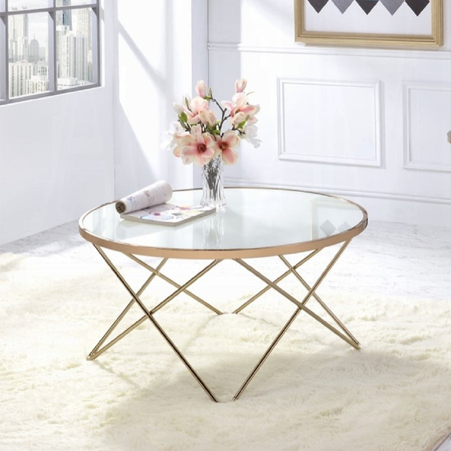Mid-Century Modern Round Coffee Table - Champagne Frame Frosted Glass Top