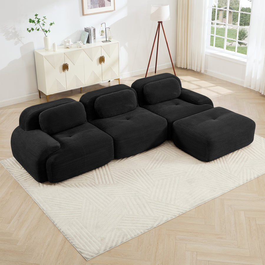 Black 3-Seat Corduroy Modular L-Shaped Sofa
