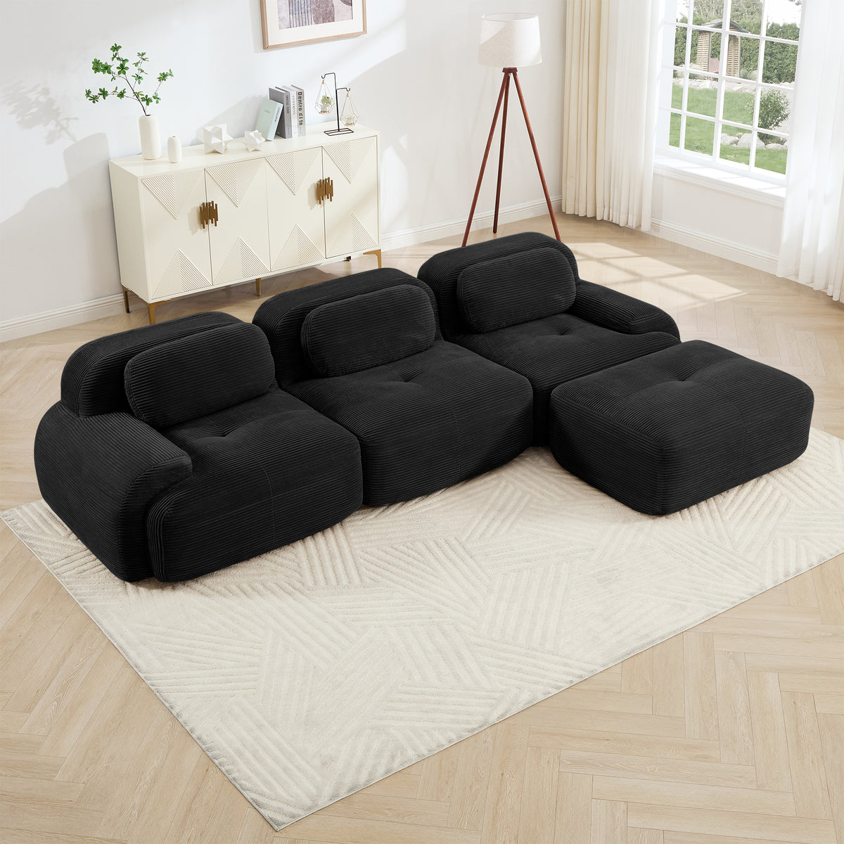 Black Luxury Corduroy L-Shaped Sofa | No-Assembly Ergonomic Pet-Friendly Modular Couch