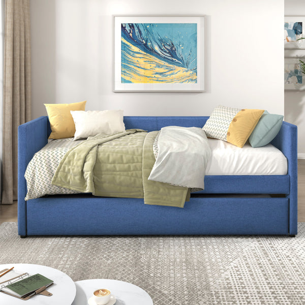 Daybed with Trundle, Modern Upholstered Daybed with Wooden Frame, Blue Fabric