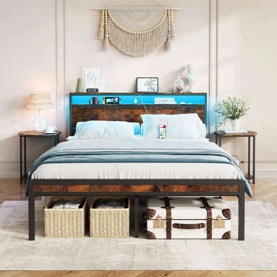 Full Black Metal Platform Bed with LED