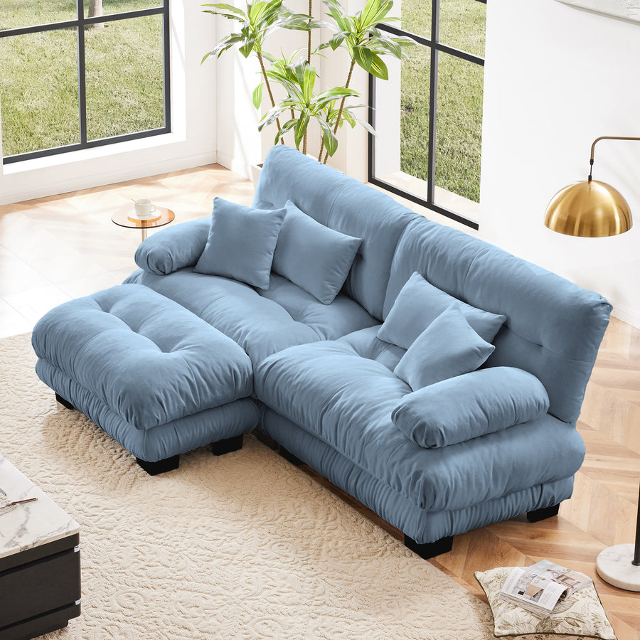 Blue Chenille Modern 4-Piece L-Shaped Cloud Sectional Sofa | 2-Seater with Lumbar/Throw Pillows & Convertible Ottoman