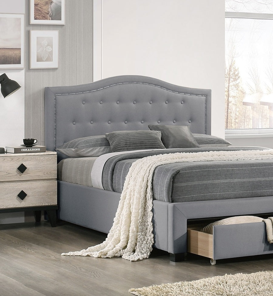 Twin Upholstered Bed with Arched Button-Tufted Headboard and Storage Drawer, Light Gray, view 4