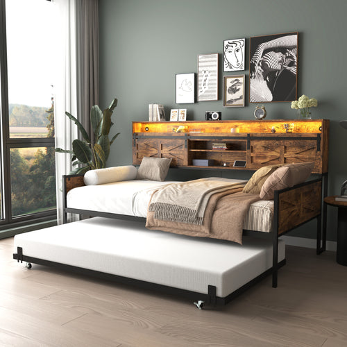 Twin Farmhouse Daybed with Trundle, Barn Door Headboard, Charging Station and LED Lights