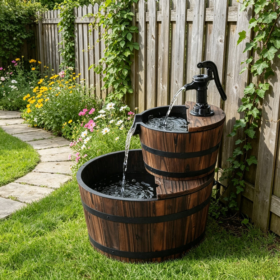 Rustic Barrel Cascade Fountain, 23 in Tiered Garden Fountain, Wood Finish