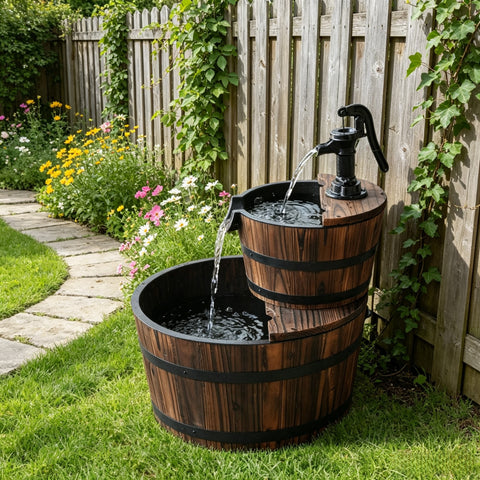 Rustic Barrel Cascade Fountain, 23 in Tiered Garden Fountain, Wood Finish
