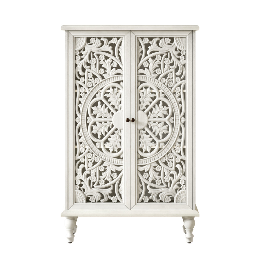 Farmhouse Accent Cabinet with Carved Hollow Doors and Turned Legs, Antique White, view 12