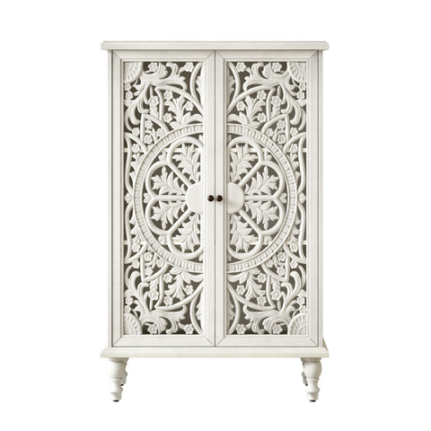 Farmhouse Accent Cabinet with Carved Hollow Doors and Turned Legs, Antique White, view 12