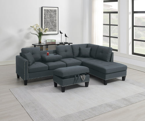 Sectional Sofa with Chaise and Storage Ottoman with Cup Holder, 101" 3-Piece Linen-Look, Charcoal
