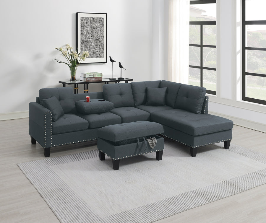Charcoal Linen-Like Fabric 3-Piece Sectional Sofa Set | LAF Sofa, RAF Chaise & Storage Ottoman with Cup Holder