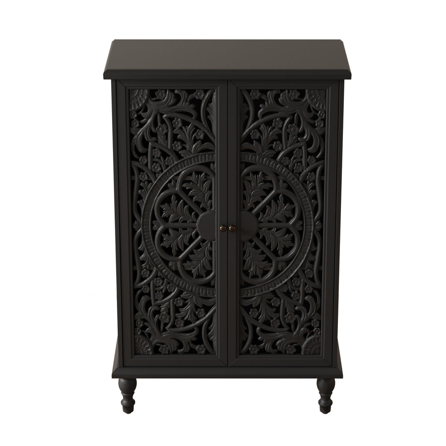 Farmhouse Accent Cabinet with Carved Hollow Doors and Turned Legs, Black, view 5
