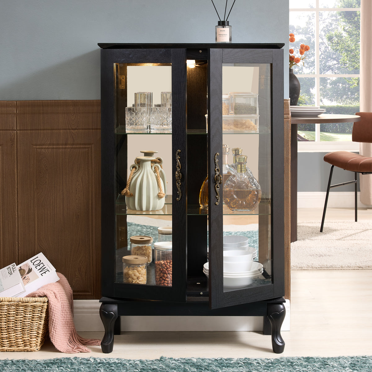 Lighted Curio Cabinet with Tempered Glass Doors and Mirrored Back, Black
