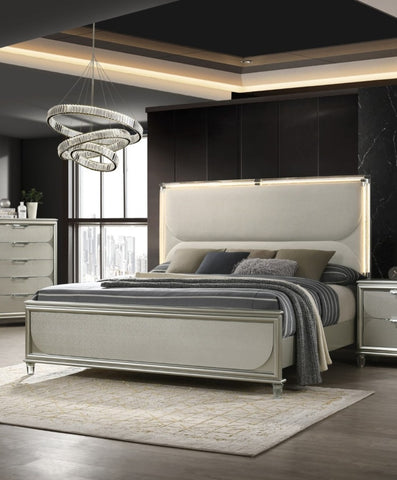 Glam Upholstered Queen Bed with LED Acrylic Headboard and Mirrored Embossed Panels, Silver, view 10