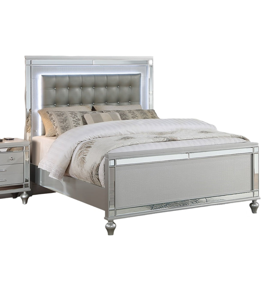 Tufted Faux Leather King Bed with LED Lights and Mirror Trim, Silver, view 2