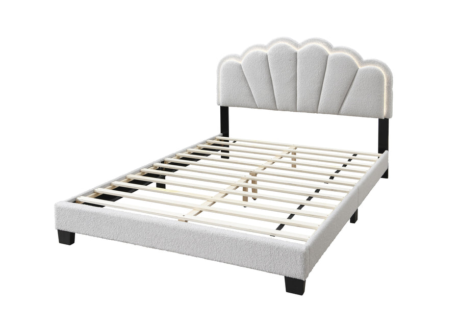 Queen Upholstered Platform Bed with Floral Headboard and Built-In LED, White, view 3