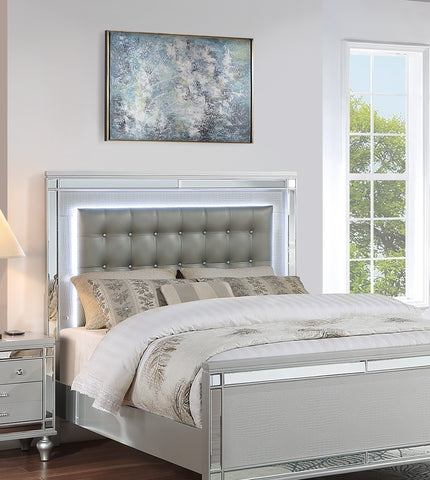 Tufted Faux Leather King Bed with LED Lights and Mirror Trim, Silver, view 5