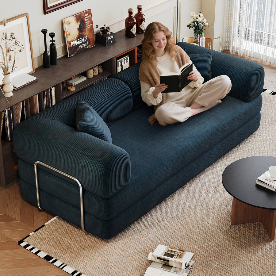 78.8' Blue Corduroy Compression Sofa | Convertible Futon Loveseat Sleeper