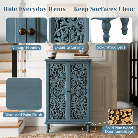 Farmhouse Accent Cabinet with Carved Hollow Doors and Turned Legs, Antique Blue, view 6