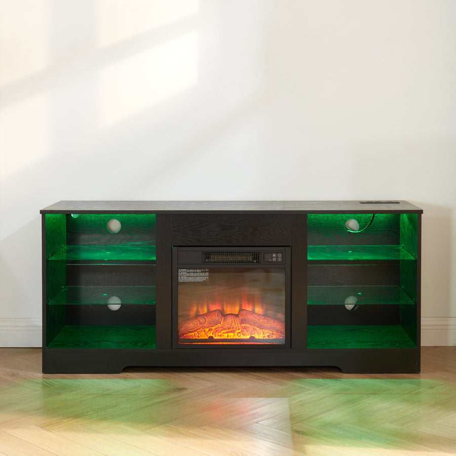Electric Fireplace TV Stand with LED Lights and Glass Shelves, Black, view 13