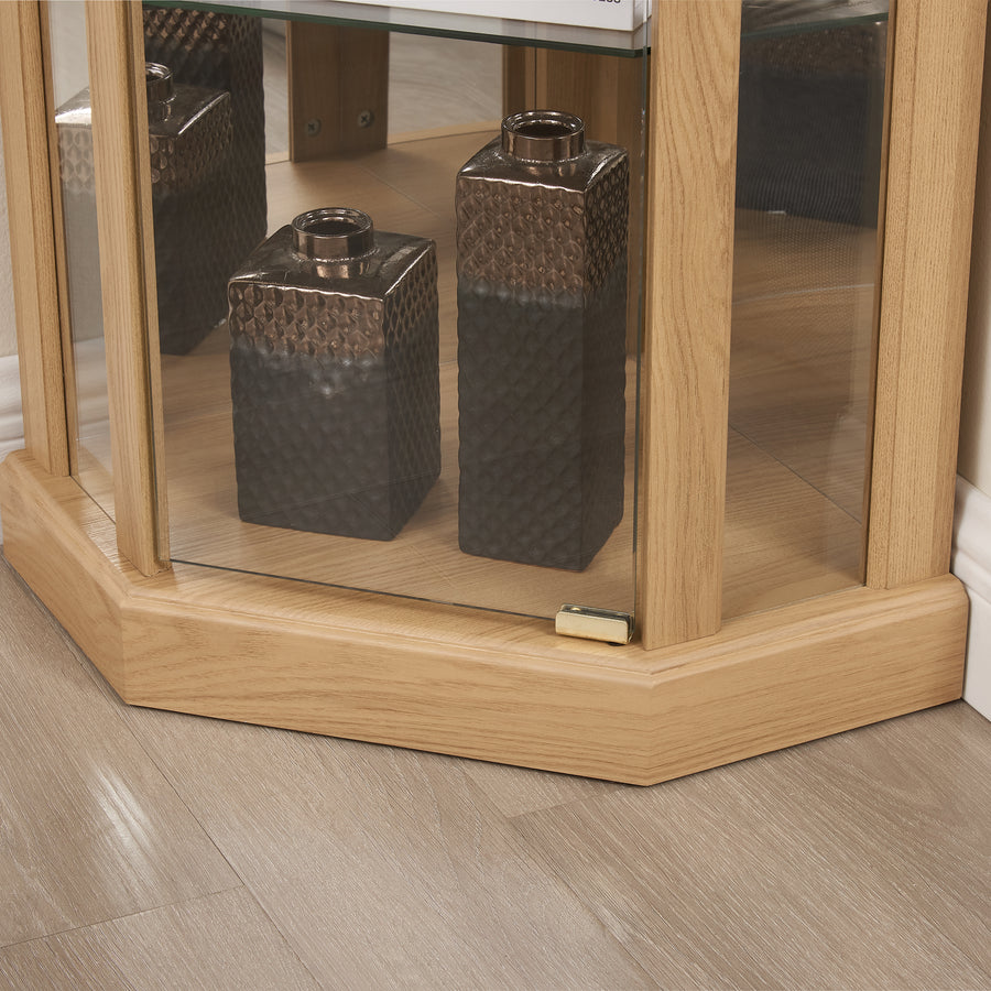 Lighted Corner Curio Cabinet with Glass Doors and Mirrored Back, Light Oak, view 6