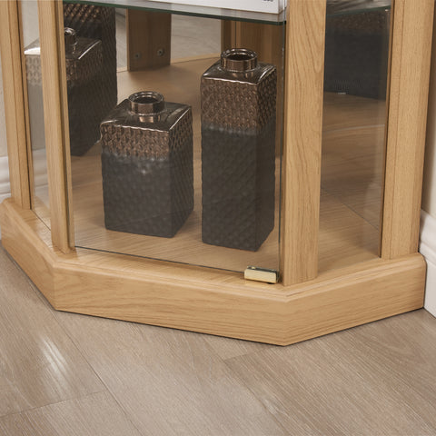 Lighted Corner Curio Cabinet with Glass Doors and Mirrored Back, Light Oak, view 6