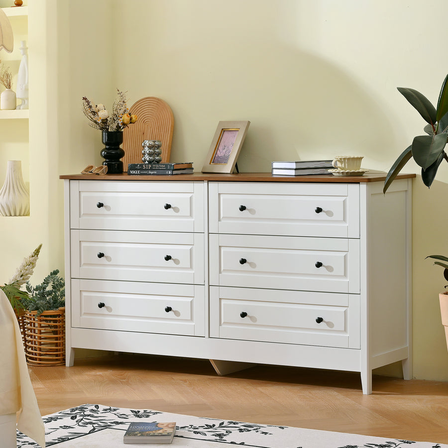 White 6-Drawer Bedroom Dresser – Wide Wood Chest with Metal Handles for Entryway, Hallway, or Living Room