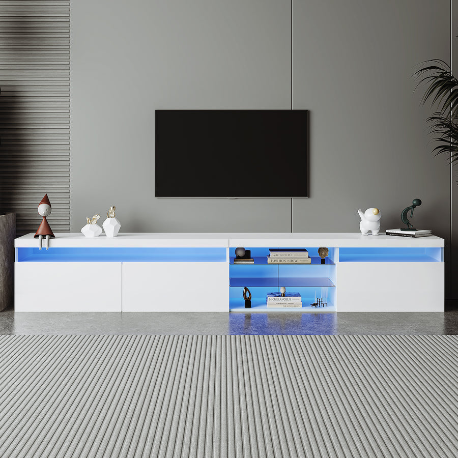 94.5" Extra-Long TV Stand with Glass Shelves and App-Controlled LED Lights, White, view 2