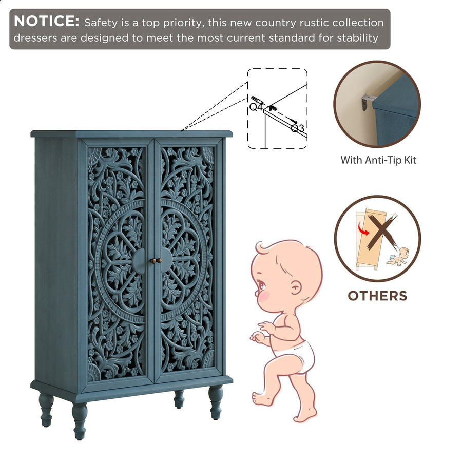 Farmhouse Accent Cabinet with Carved Hollow Doors and Turned Legs, Antique Blue, view 10
