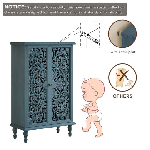 Farmhouse Accent Cabinet with Carved Hollow Doors and Turned Legs, Antique Blue, view 10