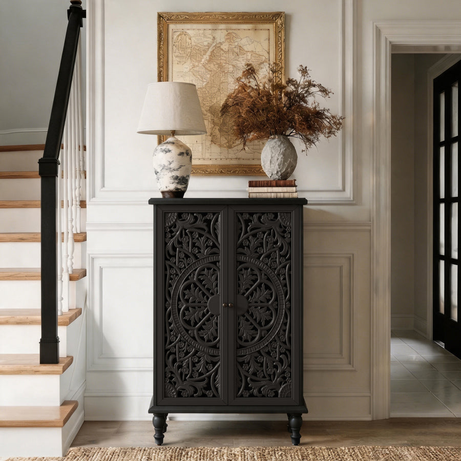 Farmhouse Accent Cabinet with Carved Hollow Doors and Turned Legs, Black, view 3