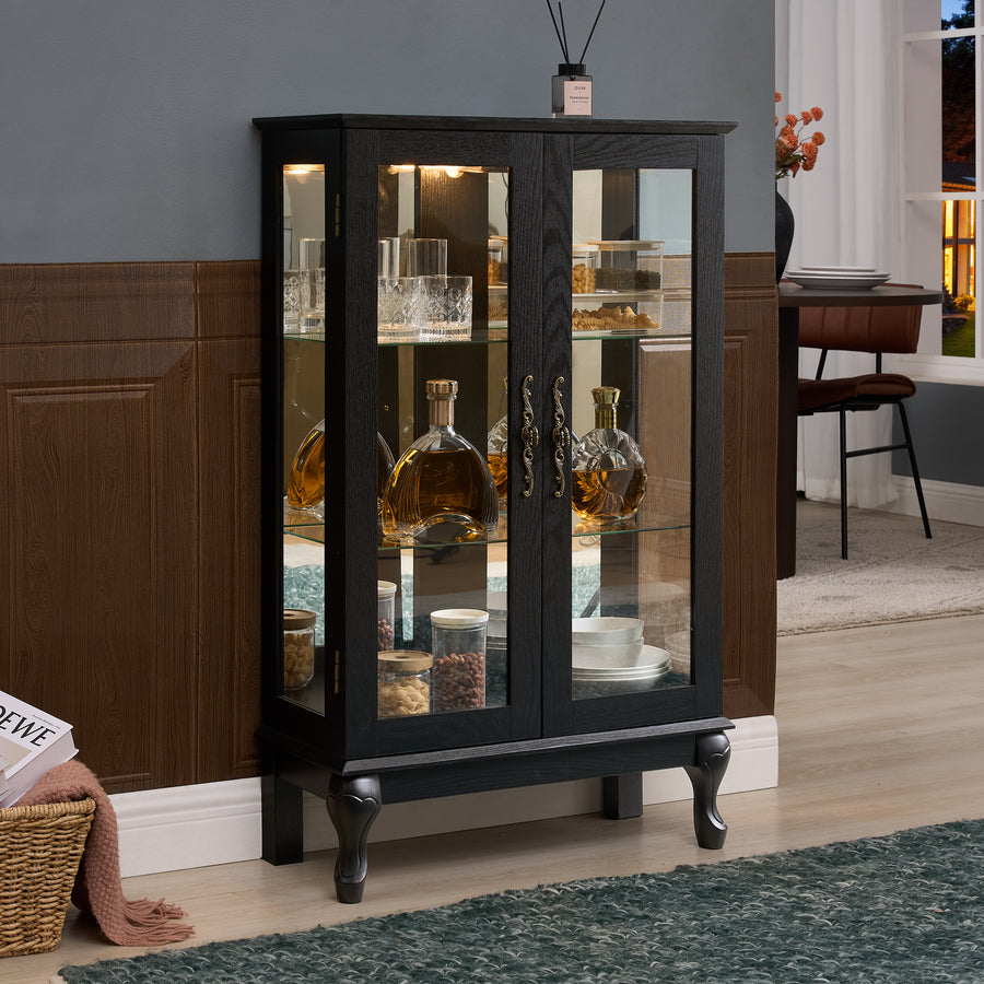 Lighted Curio Cabinet with Tempered Glass Doors and Mirrored Back, Black, view 4