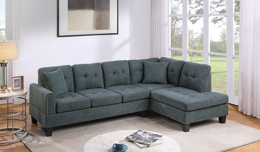 Ash Black Tweeted-Like Velvet 2-Piece Sectional Sofa Set | LAF Sofa & RAF Chaise with Tufted & Nailhead Trim