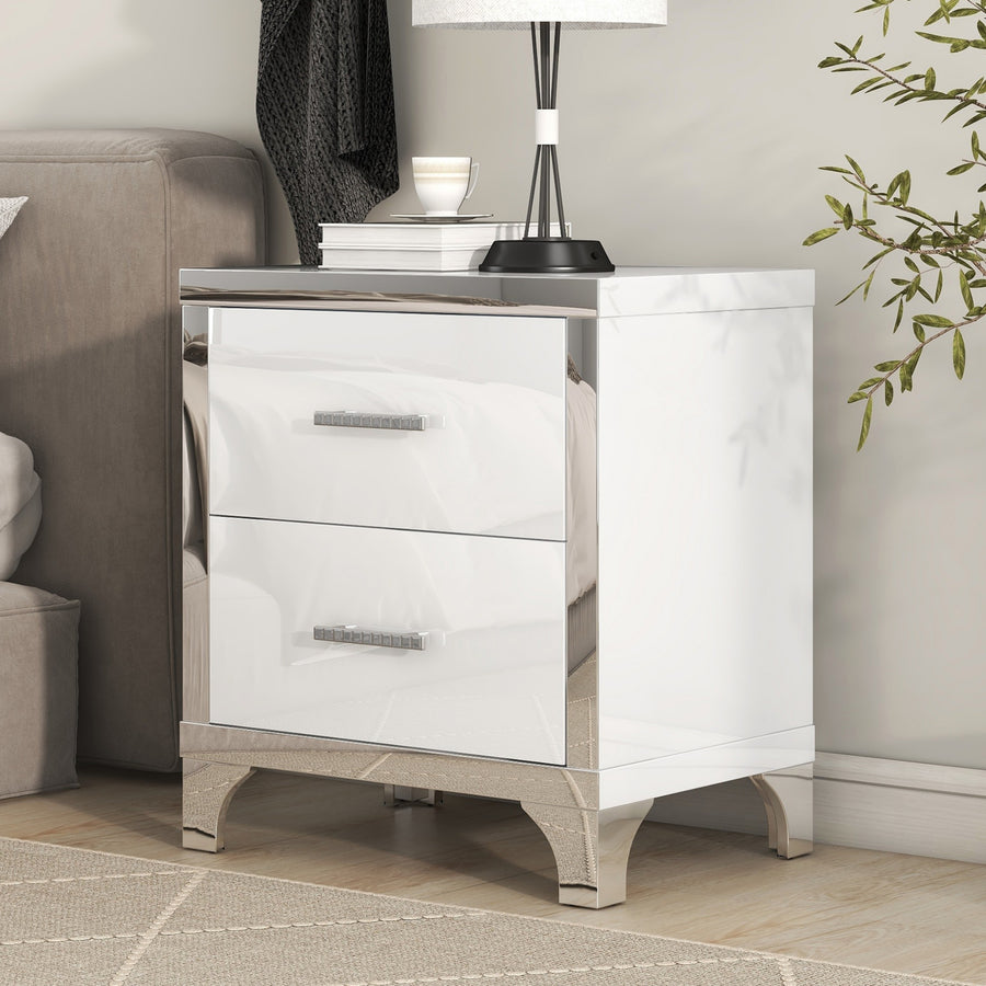 White High Gloss 2-Drawer Nightstand with Metal Handles – Mirrored Bedside Table for Bedroom or Living Room