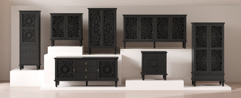 Farmhouse Accent Cabinet with Carved Hollow Doors and Turned Legs, Black, view 12