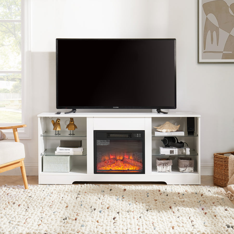 Electric Fireplace TV Stand with LED Lights and Glass Shelves, White, view 4
