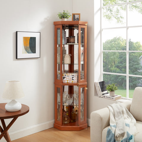 Lighted Corner Curio Cabinet with Glass Doors and Mirrored Back, Dark Oak, view 13