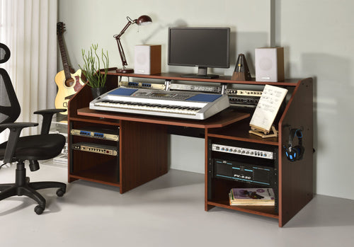 Music Studio Desk with Cable Holes and Open Compartments, 71" Cherry