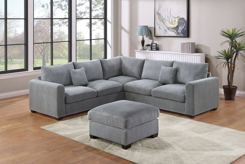 L-Shaped Corduroy Sectional Sofa Set with Corner Wedge and Ottoman, 99" 4-Piece, Fog