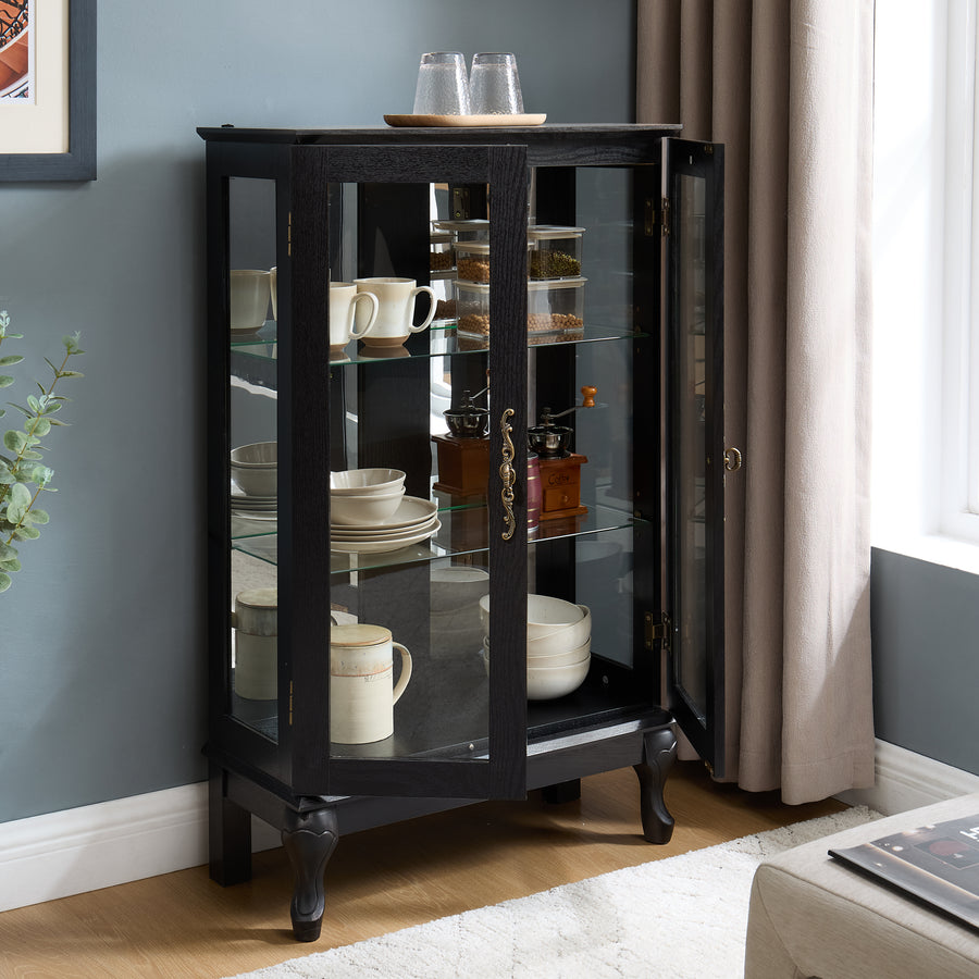Lighted Curio Cabinet with Tempered Glass Doors and Mirrored Back, Black, view 9
