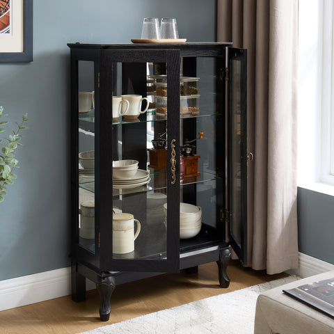 Lighted Curio Cabinet with Tempered Glass Doors and Mirrored Back, Black, view 9