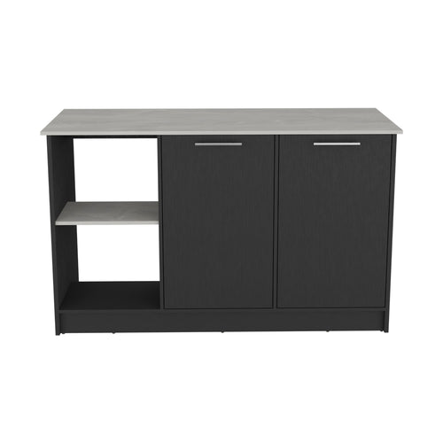 Kitchen Island with 59" Countertop, Double-Door Cabinet and 2 Open Shelves, Black and Onyx