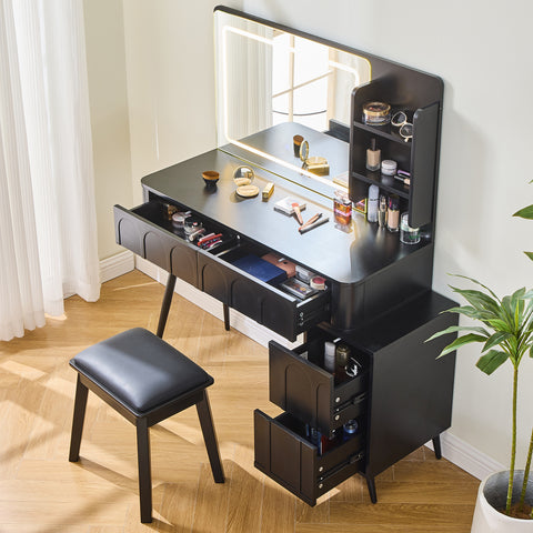 Modern Black Makeup Vanity Desk with LED Mirror – 4-Drawer Dressing Table Set with Stool & Adjustable Lighting