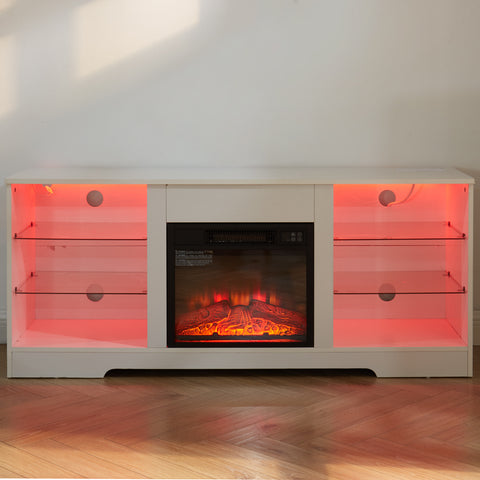 Electric Fireplace TV Stand with LED Lights and Glass Shelves, White, view 16