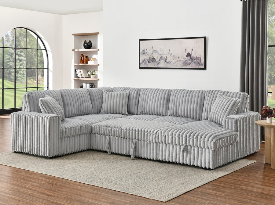 122" Grey Rabbit Plush U-Shaped Sectional Sofa Bed - Storage
