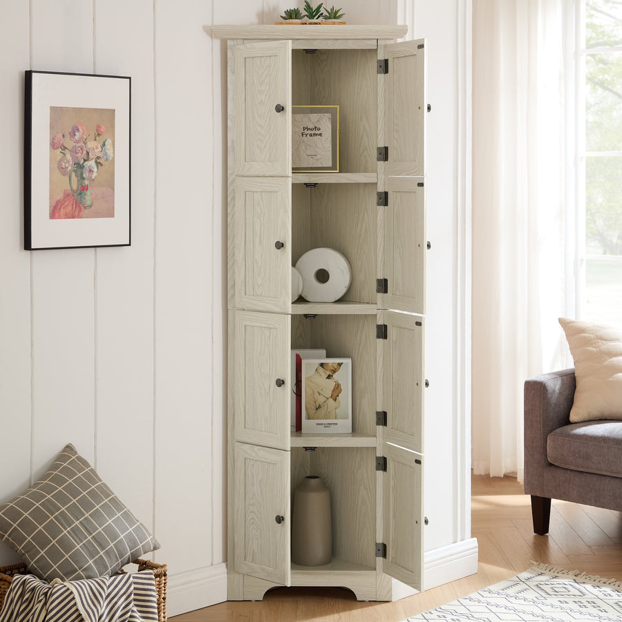 72" Corner Pantry Cabinet with 8 Doors and 4 Shelves, White, view 7