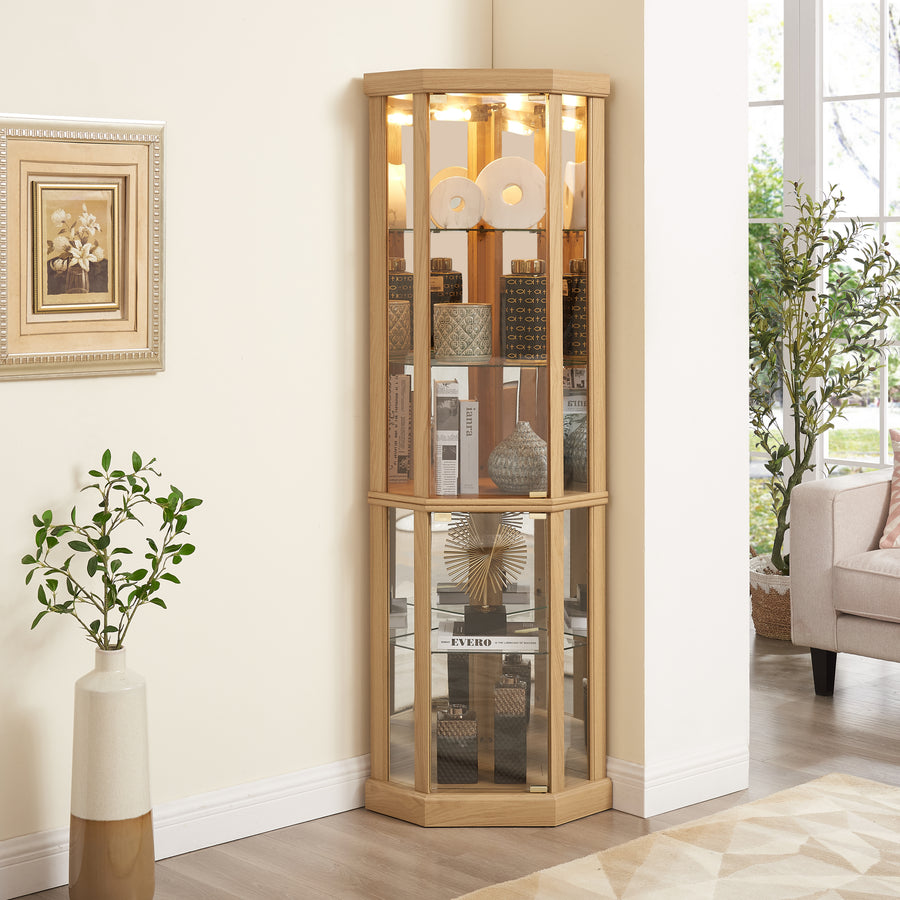 Lighted Corner Curio Cabinet with Glass Doors and Mirrored Back, Light Oak, view 3