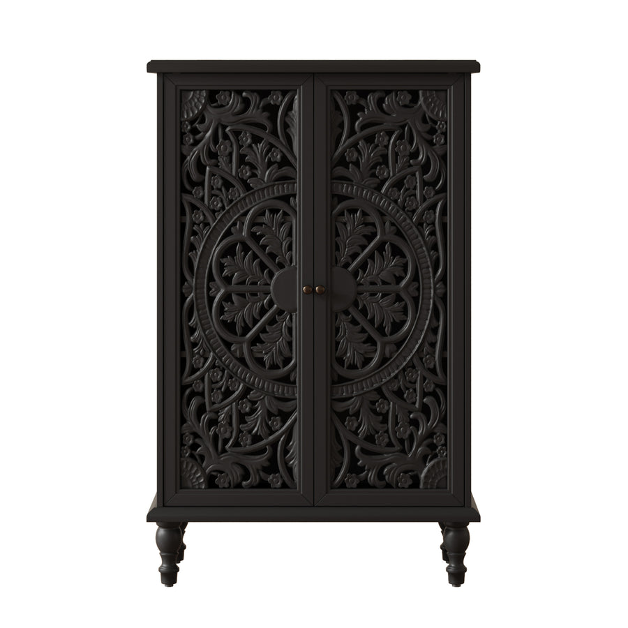 Farmhouse Accent Cabinet with Carved Hollow Doors and Turned Legs, Black, view 17