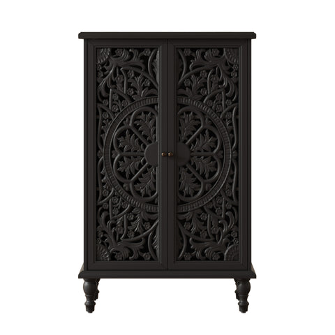 Farmhouse Accent Cabinet with Carved Hollow Doors and Turned Legs, Black, view 17